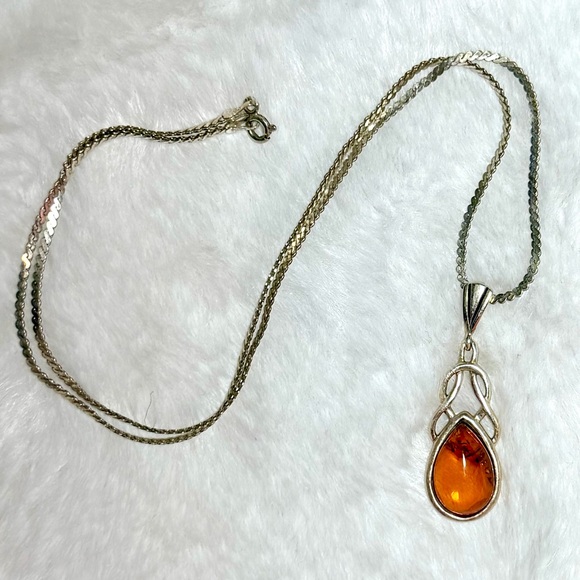 Signed Sterling Silver & Amber Necklace - Picture 2 of 7